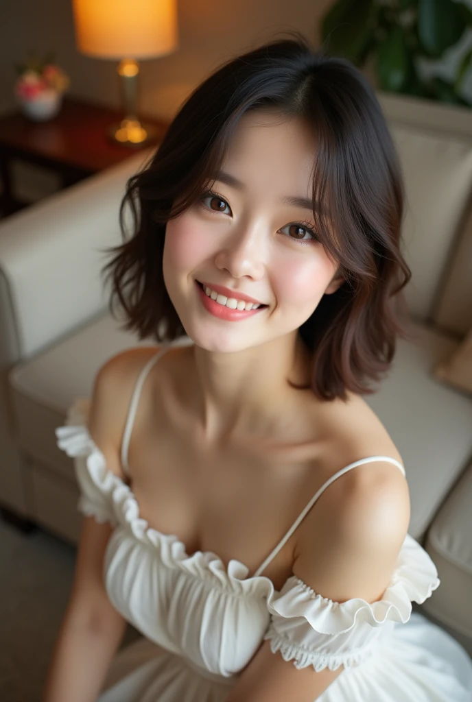((highest quality)), ((masterpiece)), (become familiar with), perfect face, masterpiece、highest quality、High resolution、wallpaper、realistic、bright lighting、professional lighting、face light、smooth lighting、japanese woman、20th Gen Midplate、super beautiful、beautiful skin、beautiful and detailed eyes、become familiar with顔、slim、moderately、short hair、brunette colored hair、brown eyes、look at the camera、The sofa in my room、 commercial photography, Beautiful Instagram Influencer Girls, best smile,daytime、knit tops　nsfw:2.3