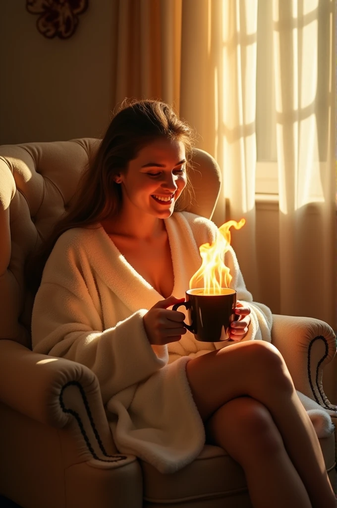 clearing! Here is the translation of the image description:

"A clear picture, creative and cheerful of a woman sitting happily, wearing slippers and holding a cup of coffee that is on fire. The woman is smiling, enjoying the moment, and there is a playful, surreal quality to the image. The scene is set in a cozy room, well-lit, with warm tones, and the fire in the cafe is lively and vibrant, adding a touch of fantasy to the scene."