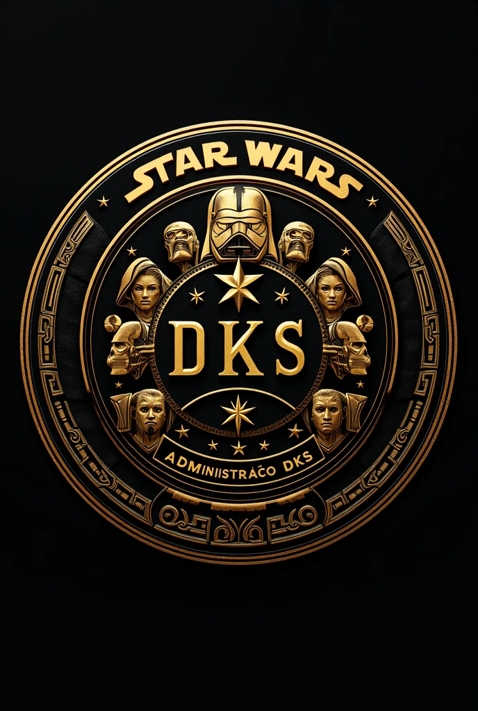 Create a round football (soccer) crest with a **black and gold** color scheme, incorporating elements from the **Star Wars** universe, with **characters** from the movies featured in the design. The name "**Dark Stars**" should be prominently displayed at the top, with the abbreviation "**DKS**" centrally or below the team name. Include the text "**Administração DKS**" as part of the design, positioned either at the bottom or within the central area of the crest. Add **golden stars** as additional elements, possibly around the border or integrated with the overall design. Ensure the **borders are detailed in gold** with intricate patterns, and include the year **2024** subtly within the design. The aesthetic should blend the iconic, futuristic look of Star Wars with the classic style of a football crest.