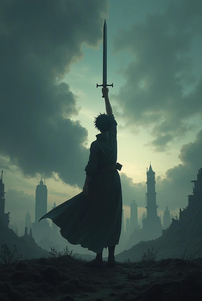 use this template and make Descriptive Art: Hiro is in a dynamic pose, with his sword raised and his gaze focused on the horizon. The background features a landscape of a city on the edge of a devastated field, with heavy clouds and a gloomy aura that highlights the atmosphere of desolation.