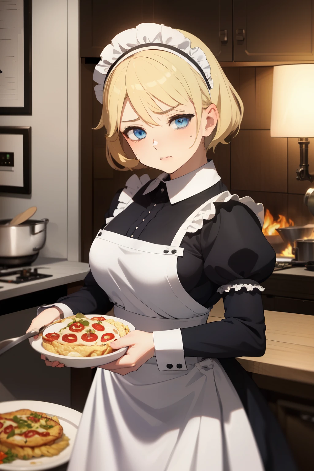 ((best quality)), ((masterpiece)), (detailed), ((1girl)), 18 years old, ((anime)), ((peasant girl)), (( dark fantasy)), ((suffering from hungry)), ((exhausted)), ((blue eyes)), ((blonde)), ((maid apparel)), ((hungry)), ((cooking))
