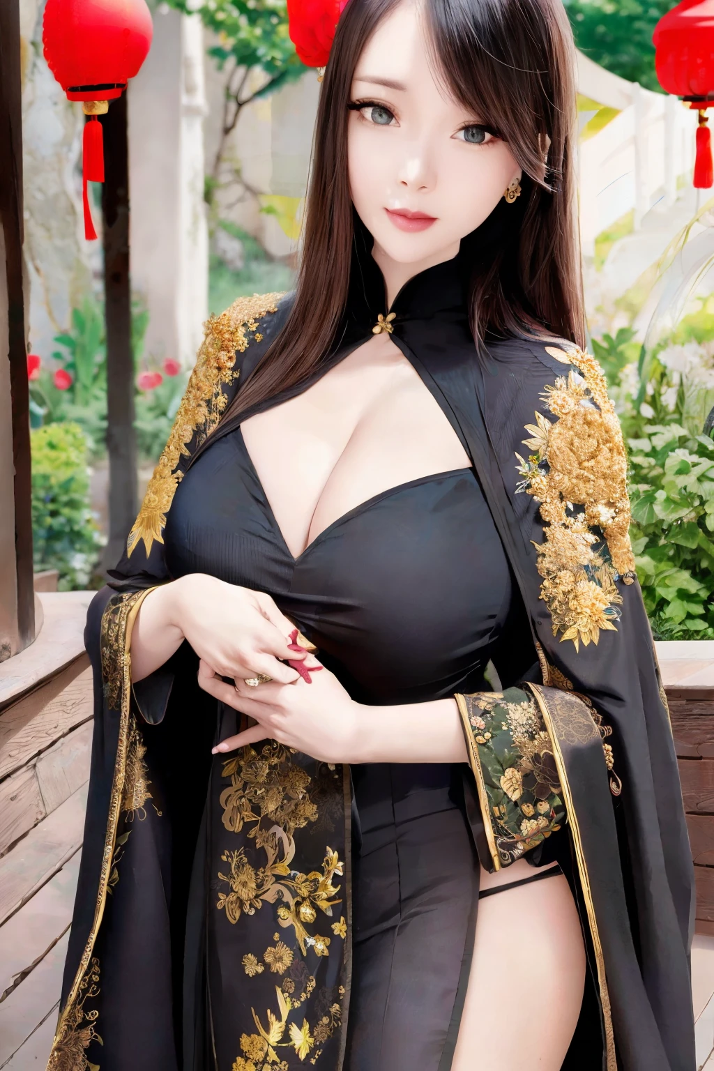 beautiful detailed eyes, beautiful detailed lips, extremely detailed eyes and face, long eyelashes, mature female, 1 girl, wearing Edgar Allan Poe cloak, Edgar Allan Poe cloak, black short hair, topknot, black and golden clothes, smiling, hands clasped in front, green eyes, large bust, tight fit, floral patterns, fish patterns, silk, embroidery, long nails, makeup, dense lashes, rings, standing in Chinese garden, detailed background, noon