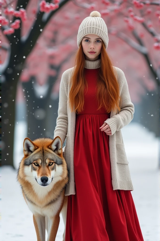 Portrait of a 17 year old Persian girl with long, straight red hair wearing a knitted cap,and wearing a red t-shirt,and white cardigan,and a long red skirt,wearing a scarf around the neck,and is leading a wolf,beside it in the snow and surrounded by beautiful cherry blossom trees,,and they face the camera,
