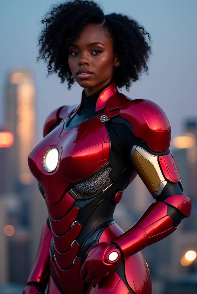 Black american girl, short curly black hair, red iron man armor with black front, huge breasts, thin waist, sensual pose,