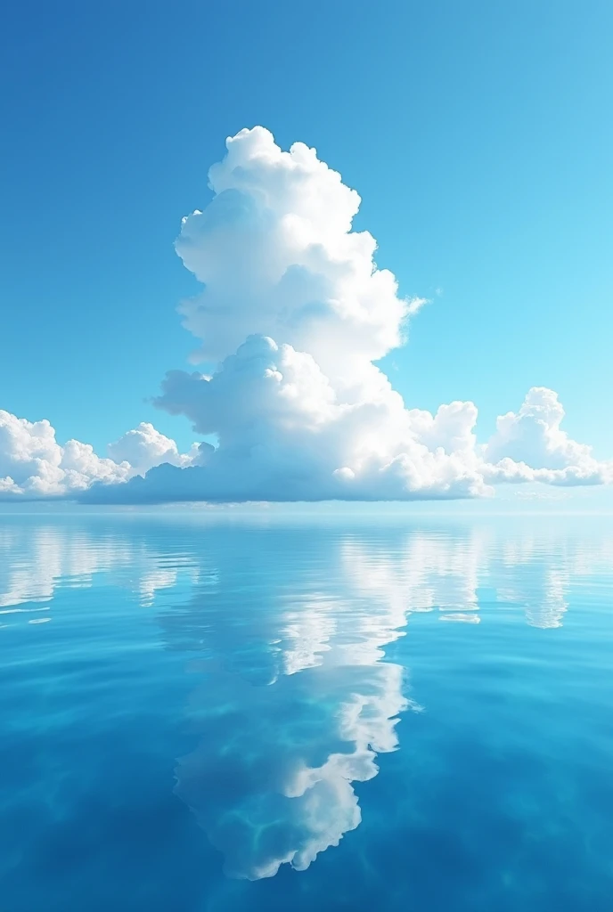 The vast water surface and sky are one:A landscape that spreads with balance in 1。The clear blue sky and white cumulonimbus clouds are reflected on the water in perfect symmetry.、Depicting a mysterious and unrealistic space with an upside-down appearance。The boundary between the sky and the water becomes blurred、Emphasizing the realistic and mysterious atmosphere where it is hard to tell which is reality and which is a video。"