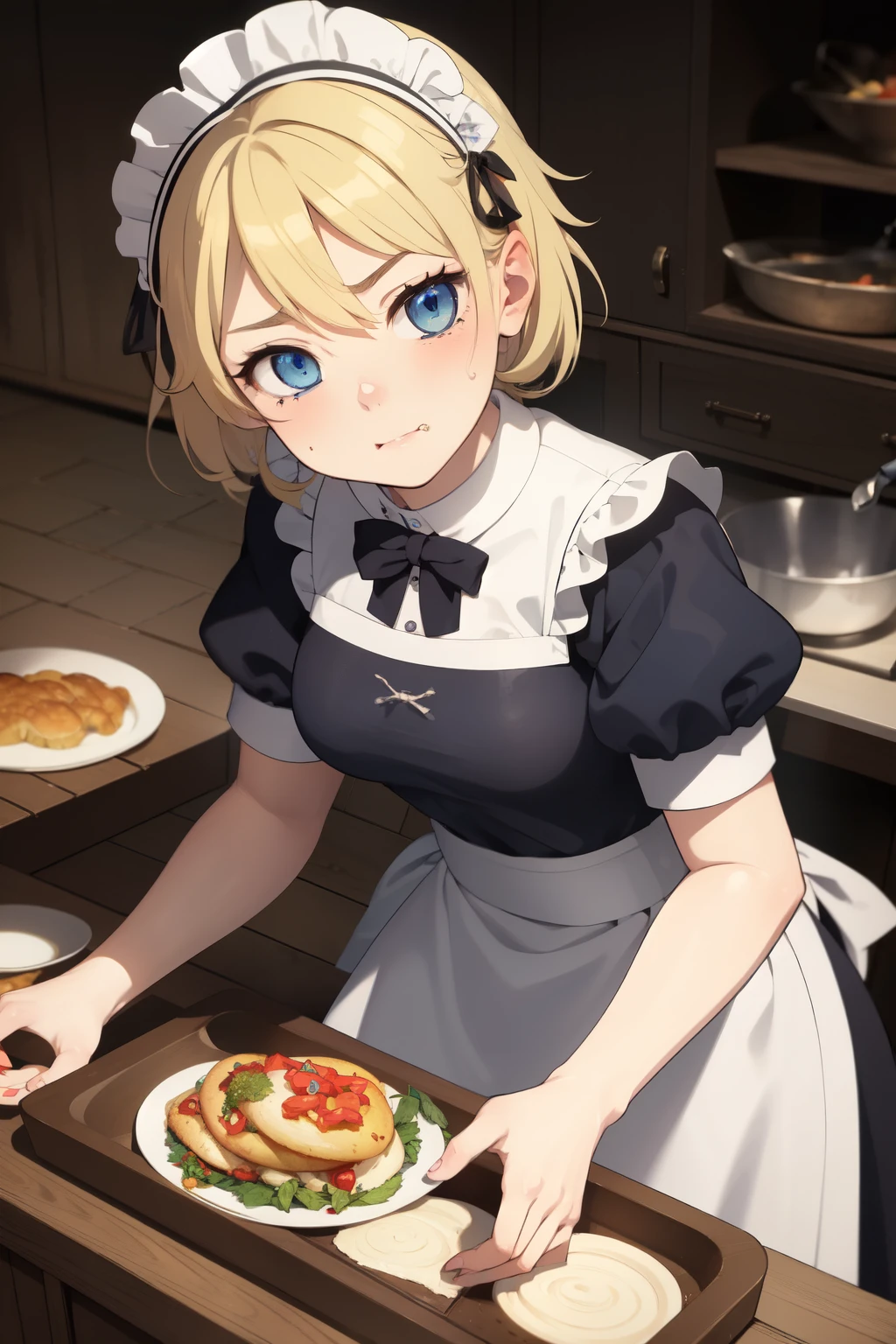 ((best quality)), ((masterpiece)), (detailed), ((1girl)), 18 years old, ((anime)), ((peasant girl)), (( dark fantasy)), ((suffering from hungry)), ((exhausted)), ((blue eyes)), ((blonde)), ((maid apparel)), ((hungry)), ((cooking))
