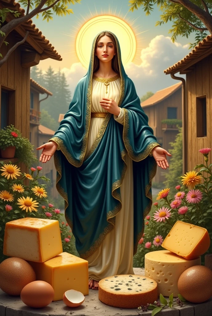 Drawing of the Virgin of Candelaria and having cheeses and eggs in large quantities
