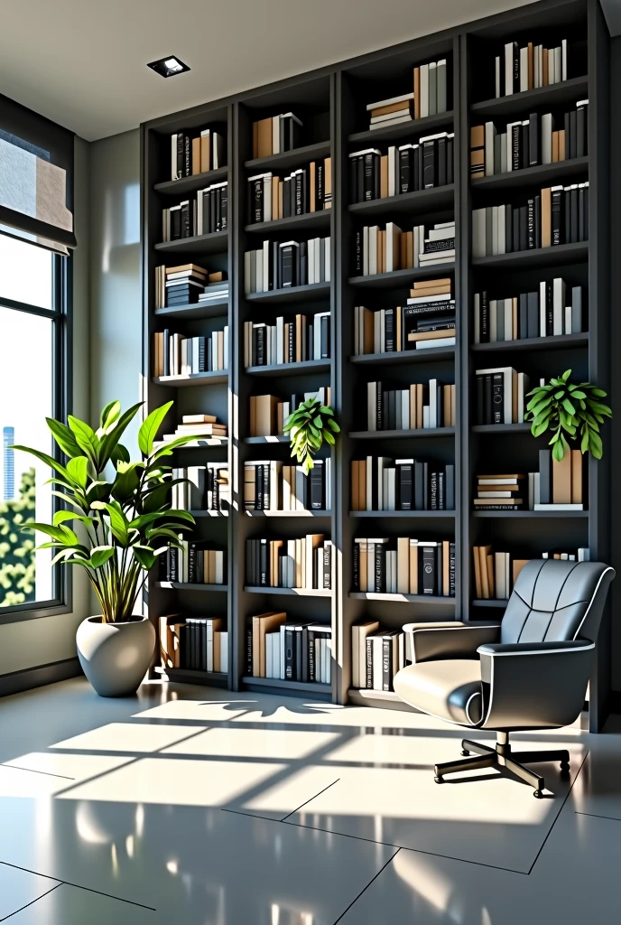 Image of office with bookshelf, shades of gray and with plants, without chair and without table

