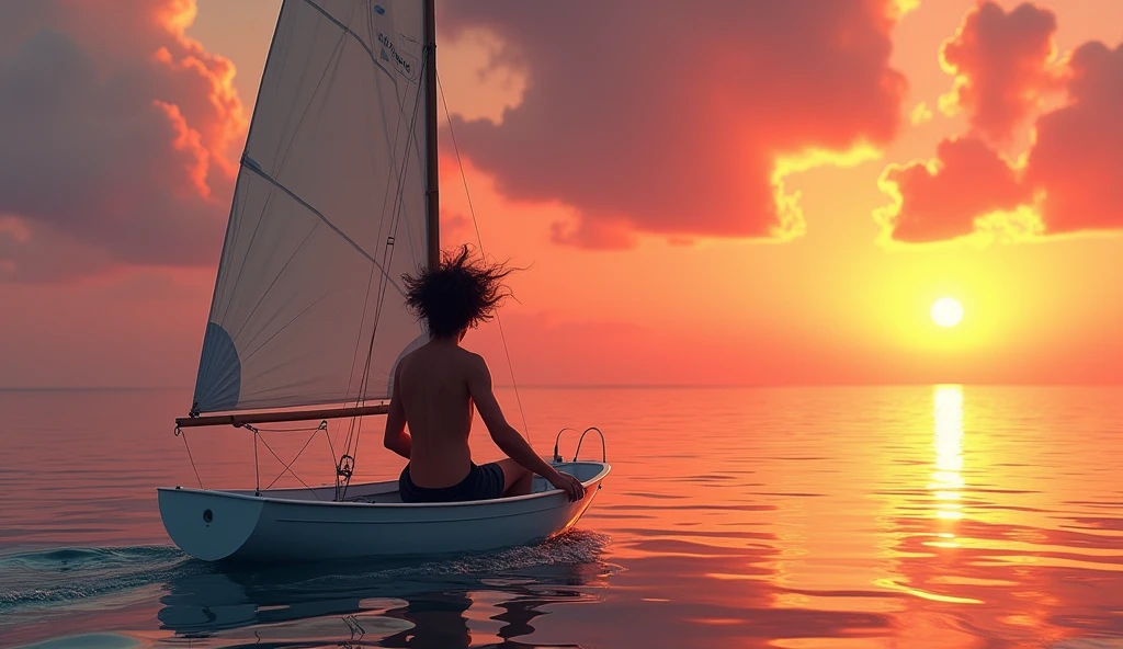 Kai is a lean, wiry teenager with tanned skin from long days spent under the sun. His hair is dark and unruly.The boy sailing alone once more, the ocean calm and serene, reflecting a beautiful sunset."**
