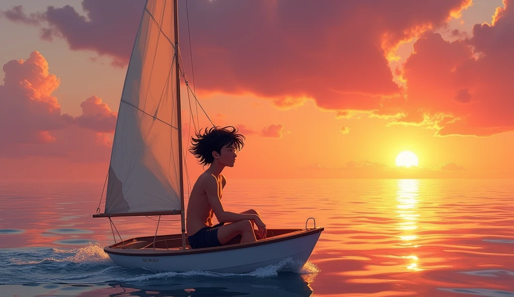 Kai is a lean, wiry teenager with tanned skin from long days spent under the sun. His hair is dark and unruly.The boy sailing alone once more, the ocean calm and serene, reflecting a beautiful sunset."**