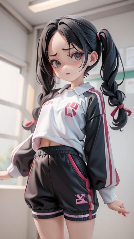 Girl、Primary school students、small、Angry、Screaming、sharp、Black Hair,、Pigtails、Braid、The forehead is visible、Forehead、Jersey、Tracksuits、Clothing patterns、Clothing Design、The front is open、whole body、