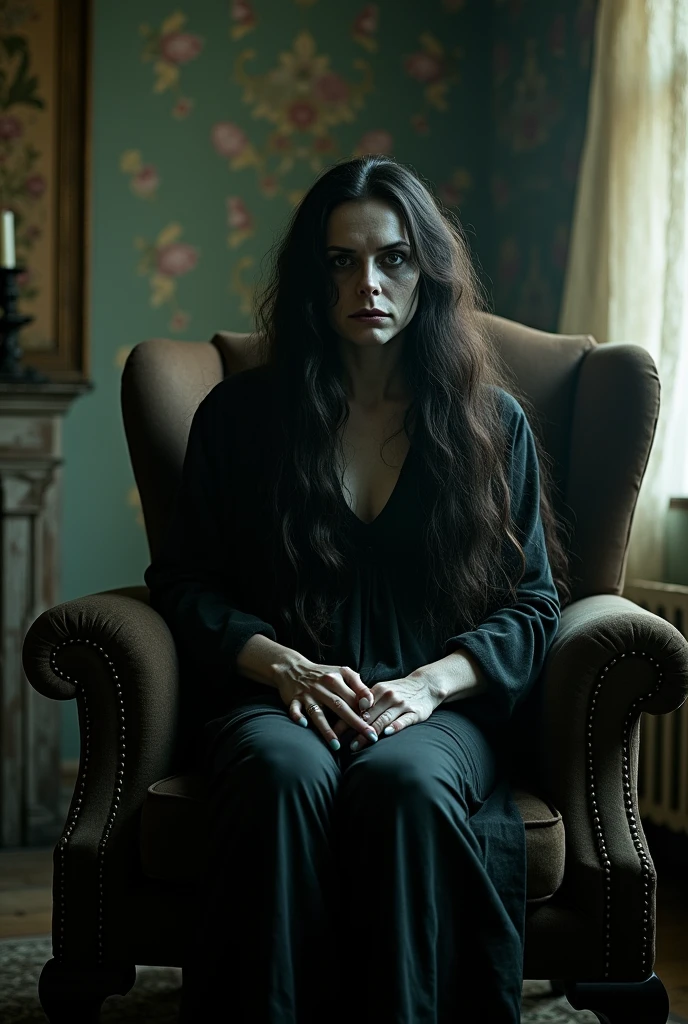 Describes a high-resolution painting of a creepy witch sitting in a dimly lit, dark-colored living room. The scene should evoke a sense of horror, haven, and film grain texture to add realism. The witch should be depicted in a realistic and eerie manner, with a sense of evil and foreboding. The overall atmosphere should be dark, ominous, and foreboding, like a scene from a found-footage horror movie.