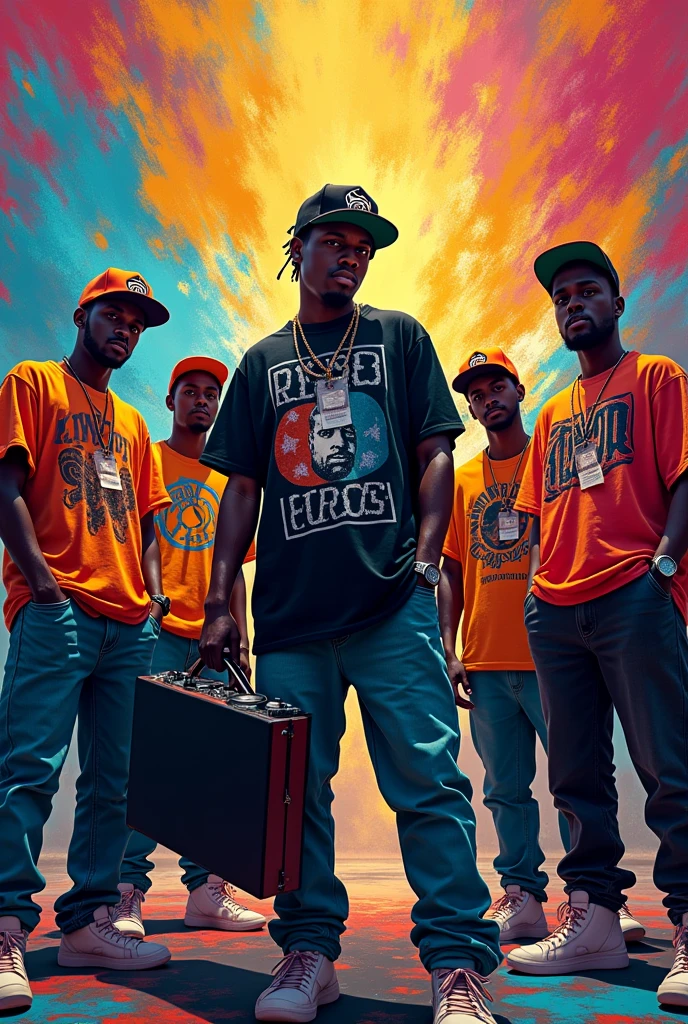 A DJ holding his controller as he would a briefcase while his men surround him in traditional hip hop clothes in an epic cartoon pose with a really colourful background