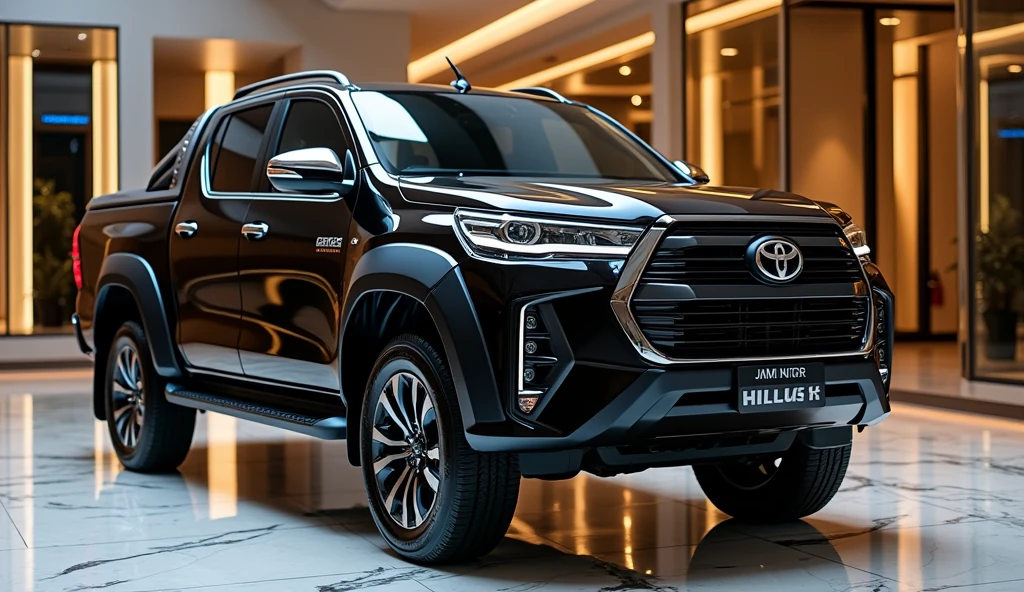 A high-definition, detailed side view of the redesigned 2025 Toyota Hilux in sleek black, showcased in a luxury showroom. The truck features a bold and glossy black finish that accentuates its muscular and modern design. The front bumper proudly displays the 'Toyota Hilux' text, adding to its commanding presence. Polished chrome accents and the aggressive front grille enhance its premium look. The luxury showroom, with polished marble floors, expansive glass walls, and ambient lighting, provides an elegant and sophisticated backdrop. The meticulous details of the Hilux, from its body lines to its high-end features, are highlighted in this opulent setting, making it the centerpiece of the showroom.