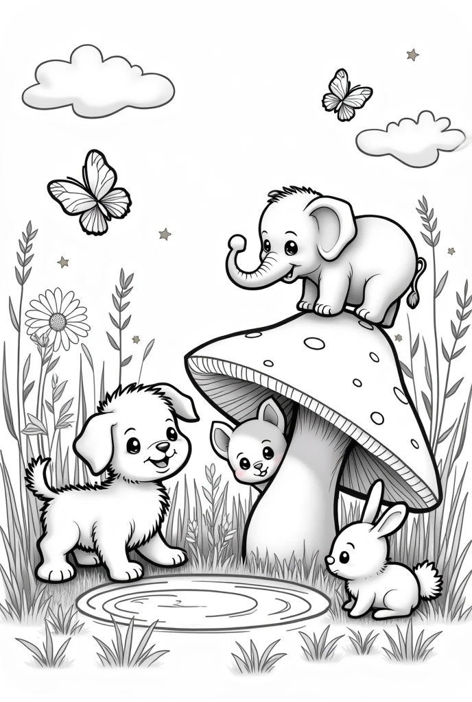 Create a coloring page in black and white with animal babies for children