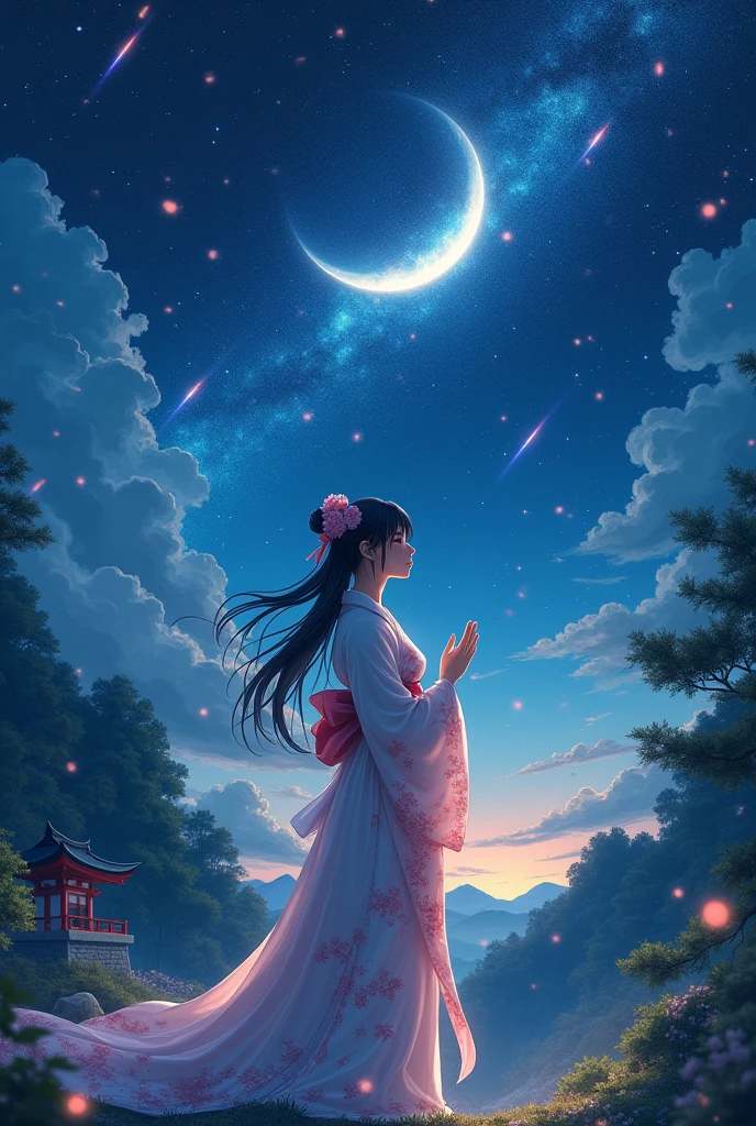 Starry Sky, shooting star, crescent moon, shrine maiden praying up to the heaven, light coming on, divine,