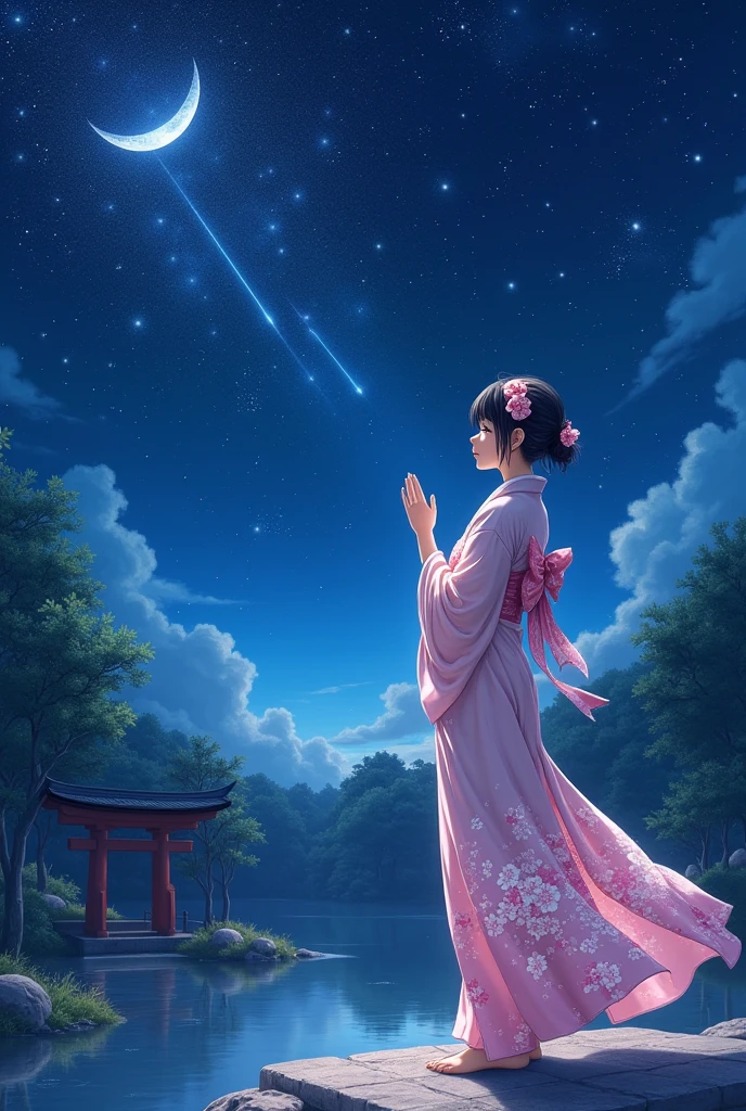 Starry Sky, shooting star, crescent moon, shrine maiden praying up to the heaven, light coming on, divine,