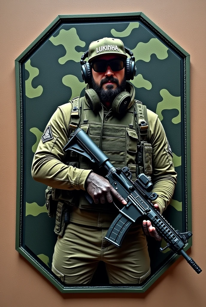 Clichê Patch emborrachado hexagonal, fundo camuflado,brasão militar com o nome Lukinha Airsoft, operador portando um rifle m4 de boné e headfone