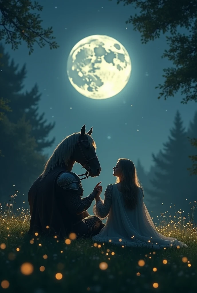 Dame and knight sitting on grass, they are facing the moon while holding hands and there is a horse by their side
