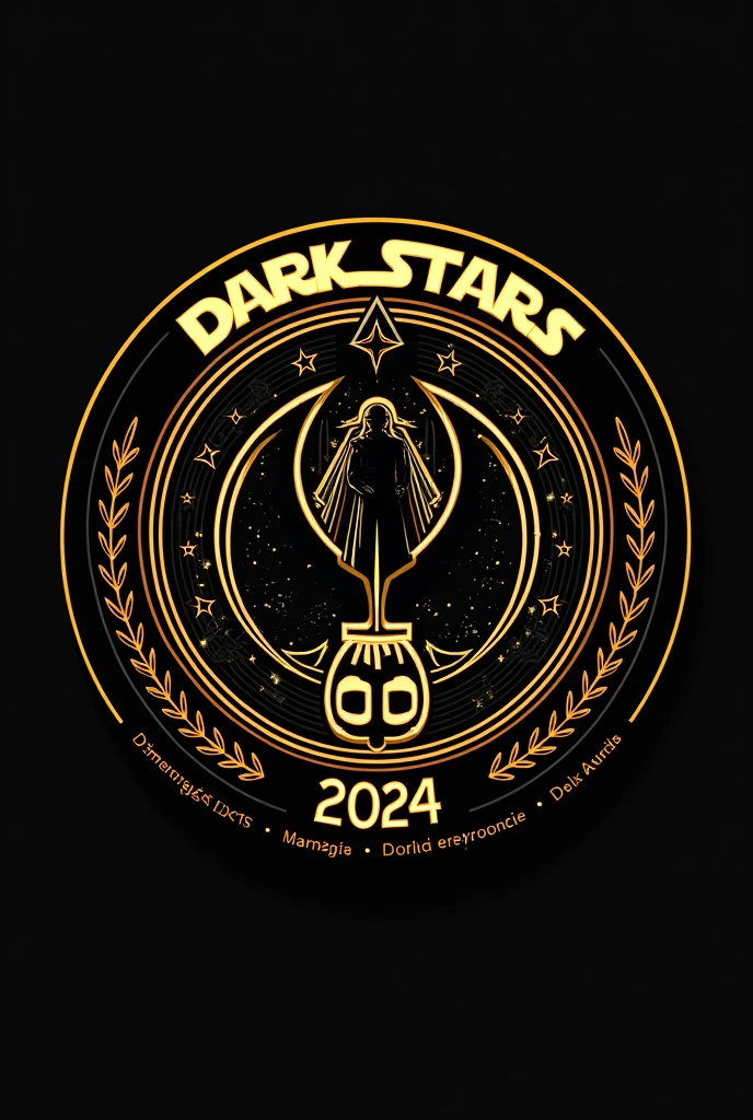 Create a round football (soccer) crest with a **black and gold** color scheme, incorporating elements from the **Star Wars** universe, with **characters** from the movies featured in the design. The name "**Dark Stars**" should be prominently displayed at the top, with the abbreviation "**DKS**" centrally or below the team name. Include the text "**Administração DKS**" as part of the design, positioned either at the bottom or within the central area of the crest. Add **golden stars** as additional elements, possibly around the border or integrated with the overall design. Ensure the **borders are detailed in gold** with intricate patterns, and include the year **2024** subtly within the design. The aesthetic should blend the iconic, futuristic look of Star Wars with the classic style of a football crest.