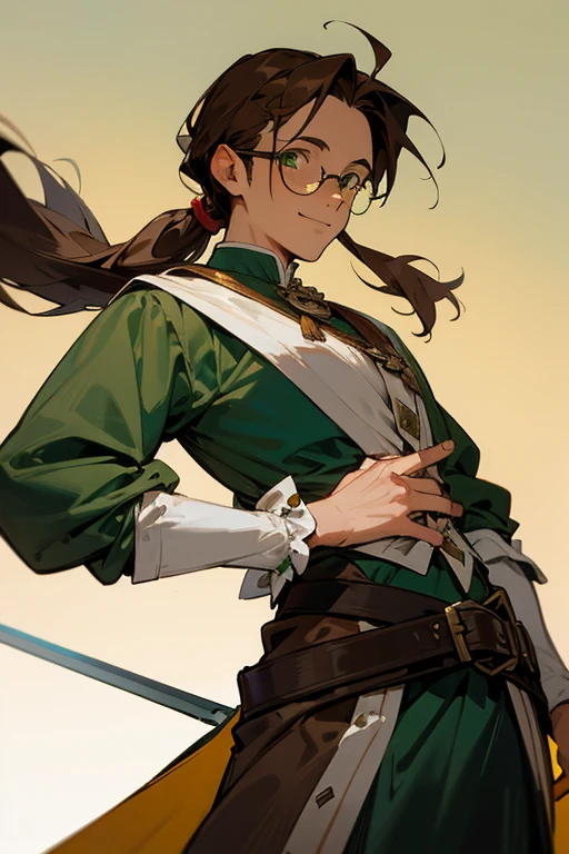 Grown Man, long brown hair tied in a slightly messy low ponytail, beautiful and attractive green eyes, a sword in his hip, smiling kindly and glasses, wearing 18th century clothes, in a medieval village. 