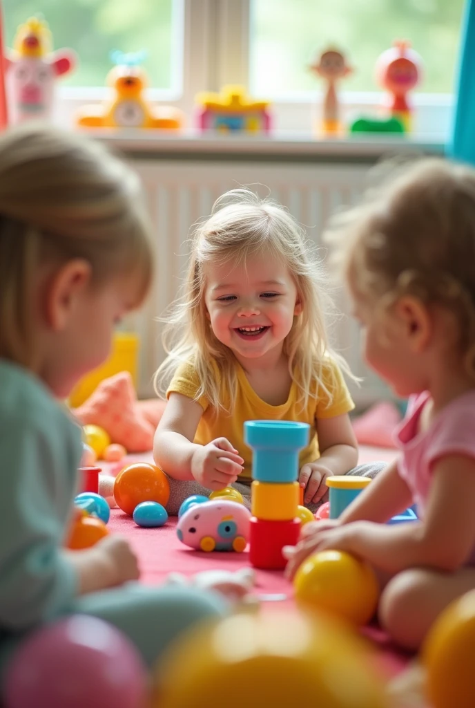 , blonde, photographed in a playpen. The girl is playing with other children. The photo is taken from a distance. The girl does not know she is being photographed.
