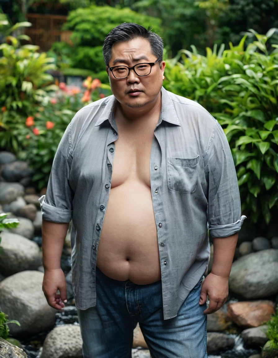 Man, Asian, 50 years old, Fat, Chubby, wearing glasses,( Put on a thin, light grey shirt, unbutton the shirt ), Unbuttoned, Shirtless, wearing jeans, Standing on rocks, in the garden, Wet, stained, perfect lighting, looking sad, Top view.