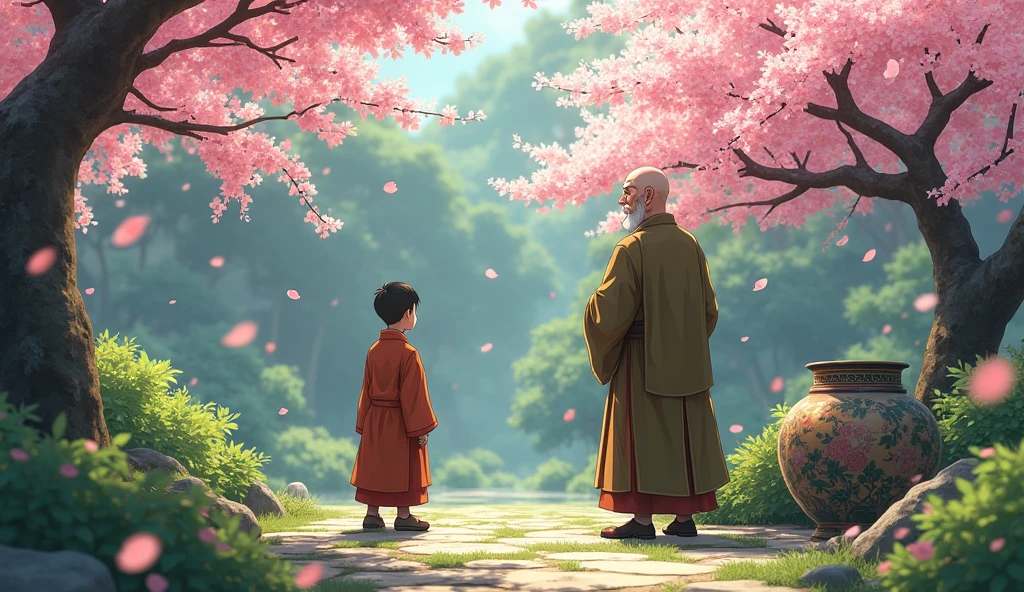 Old chinese monk master standing with his young monk desciple at beautiful garden and desciple monk is going away, in anime style,  the pot placed at the edge of a flower bed,