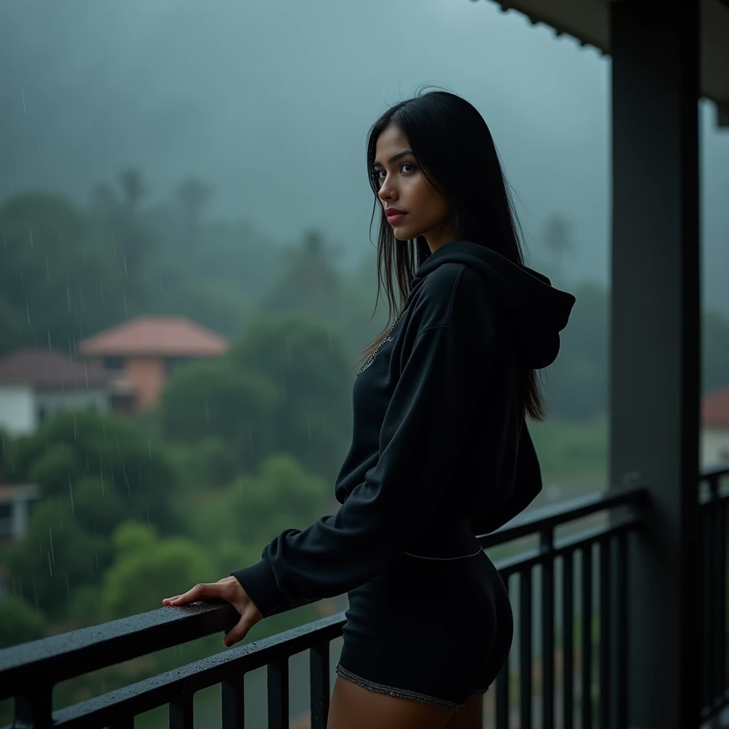 best quality,4k,8k,highres,masterpiece:1.2),ultra-detailed,(realistic,photorealistic,photo-realistic:1.37),srilankan 25 year old girl, with attractive facial features,beautiful detailed eyes,beautiful detailed lips,extremely detailed eyes and face,longeyelashes, fair skin tone. big breasts. wearing a black hoodie and black shorts, rainy day, dark atmosphere, posing elegantly for an instagram picture. standing on her room balcony while its raining. both hands holding the balcony fence, she's admiring the rain