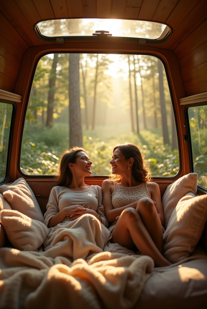 3d couple inside a van looking up 