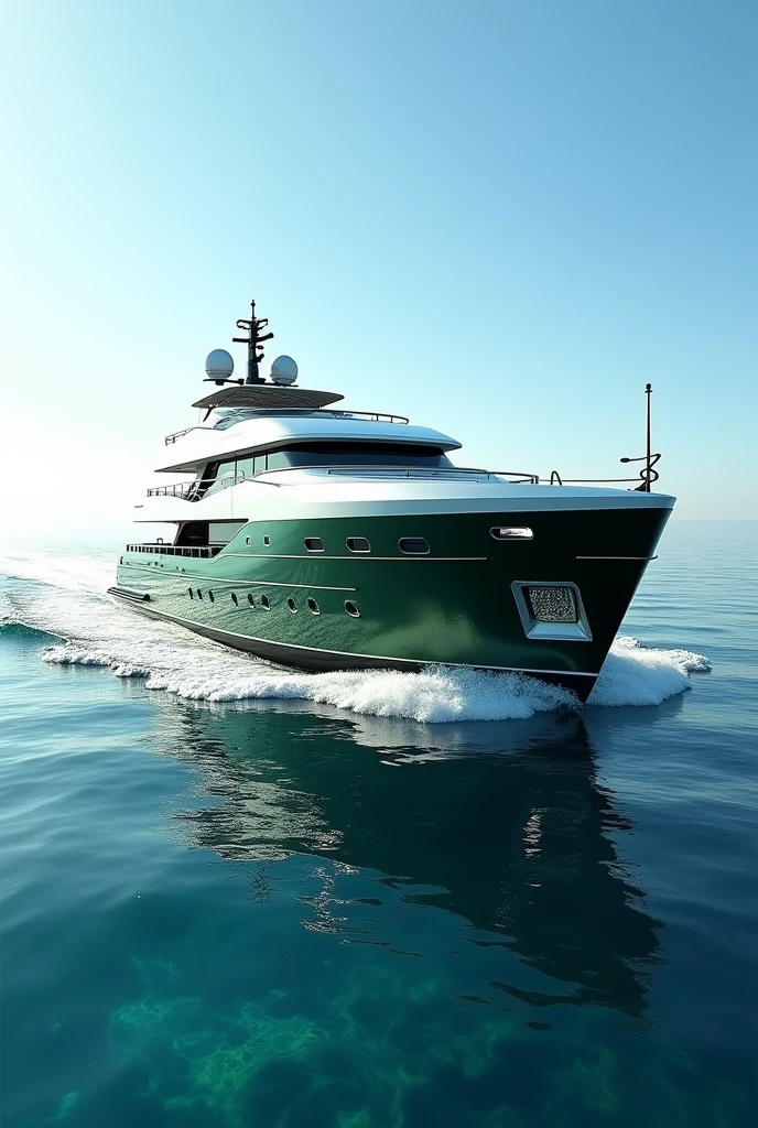 The country of Saudi arabia as a modern motoryacht, colors of the flag (darkgreen, white)large yacht, on water, ultra-realistic