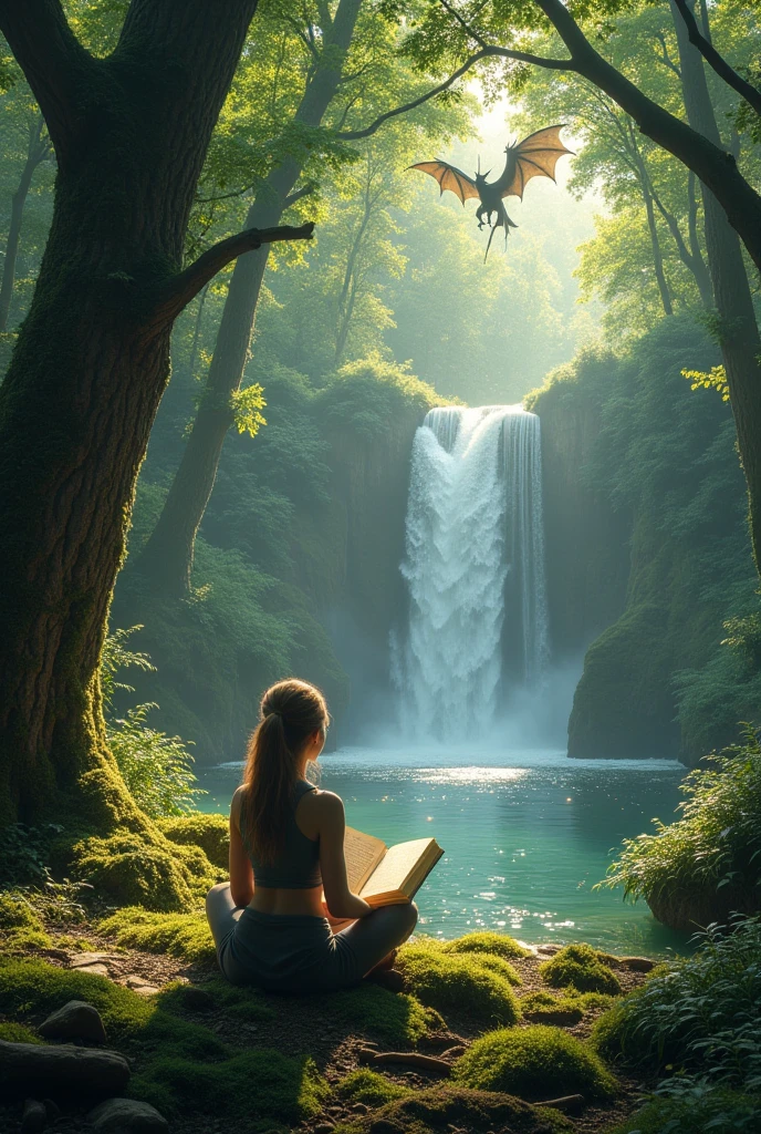 Woman sitting in the middle of the forest surrounded by books and reading a big book. All around you there are Vikings at war, a huge threatening dragon flying, a beautiful waterfall, King Arthur moving the sword from the stone.