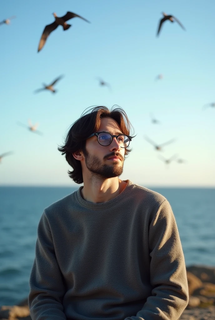 Jeune homme a lunettes, très calme, posé. Fan d'ornithologie et de la mer. Ajoute des cheveux un peu plus long, une barbe de 3 jours, un petit ventre et un pull en laine