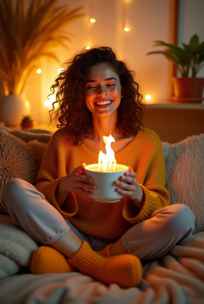 clearing! Here is the translation of the image description:

"A clear picture, creative and cheerful of a woman sitting happily, wearing slippers and holding a cup of coffee that is on fire. The woman is smiling, enjoying the moment, and there is a playful, surreal quality to the image. The scene is set in a cozy room, well-lit, with warm tones, and the fire in the cafe is lively and vibrant, adding a touch of fantasy to the scene."