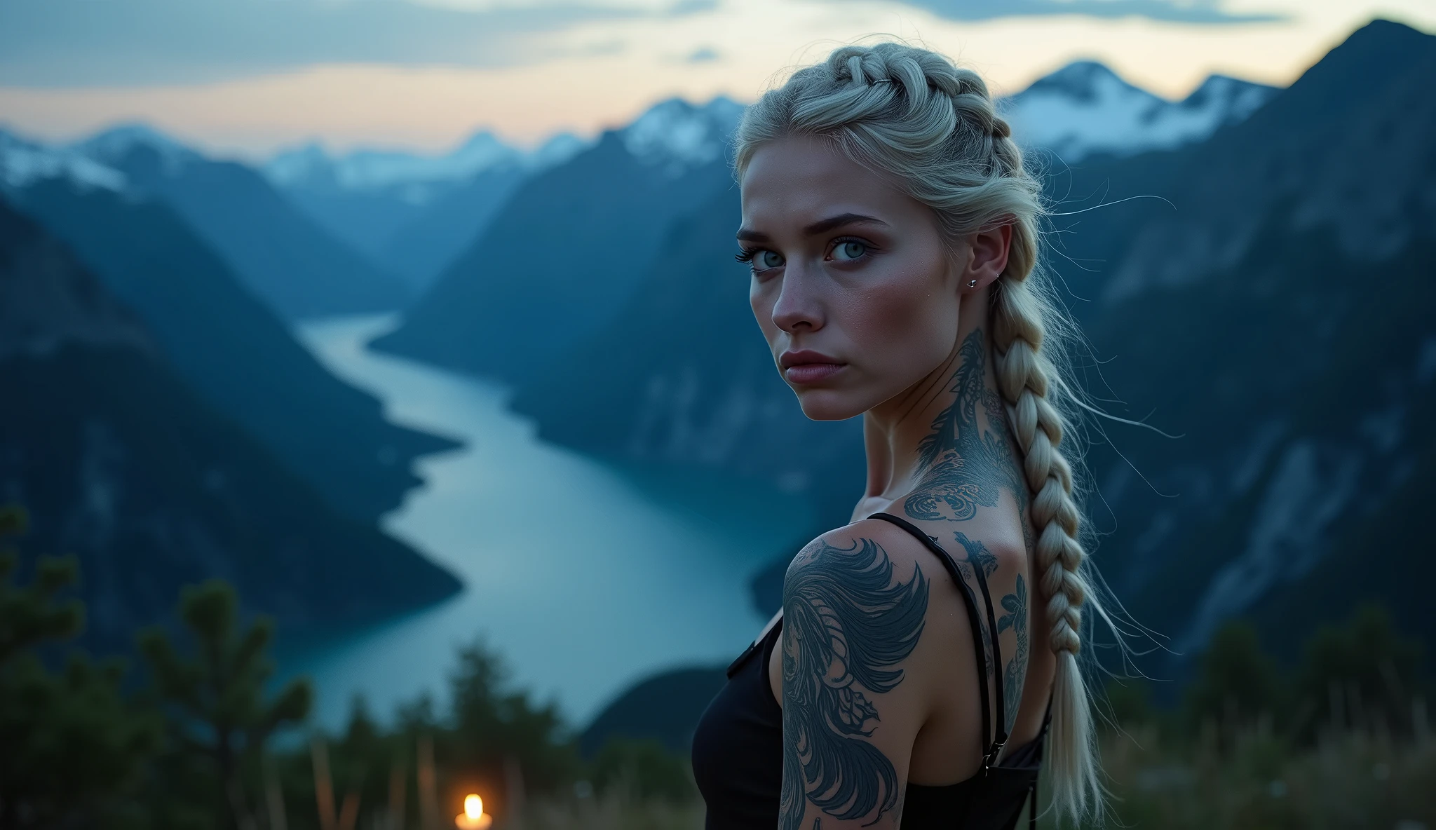 tatuados,Very beautiful big breasts、(Tears),(Back tattoo、Many tattoos on both arms and neck)、 (Pulkovo mountain at night,Spectacular views of fjords and glaciers),Candlelight only,Very detailed, 21 years old, A beautiful woman,Depressed face, Platinum Blonde Hair,Braided Hair, blue eyes, High resolution, masterpiece, Highest quality, Intricate details, Very detailed, Clear focus, Delicate skin, practical skin texture, texture, Delicate eyes, Professional, 8k, Sad face,despair、 Shot with Canon, 85mm, Shallow and deep, Kodak Vision Color, Exactly, Very detailed, photograph_\(Extremist\), photographpractical, practical, Post-processing, Maximum details, Roughness, Real Life, Extremist practical, Photorealism, photographgraphy, 8k ウルトラ HD, photographgraphy