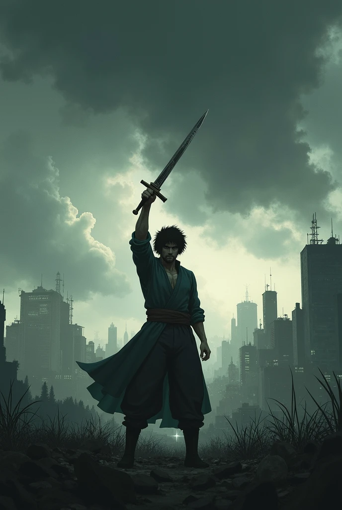 use this template and make Descriptive Art: Hiro is in a dynamic pose, with his sword raised and his gaze focused on the horizon. The background features a landscape of a city on the edge of a devastated field, with heavy clouds and a gloomy aura that highlights the atmosphere of desolation.