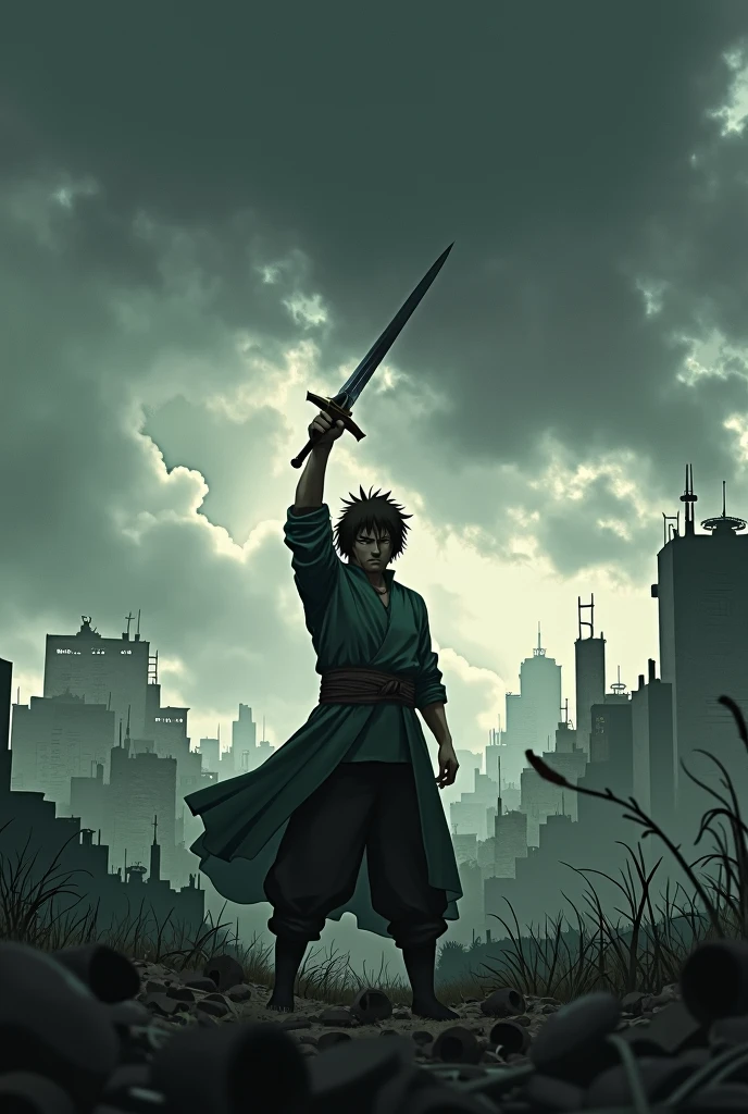 use this template and make Descriptive Art: Hiro is in a dynamic pose, with his sword raised and his gaze focused on the horizon. The background features a landscape of a city on the edge of a devastated field, with heavy clouds and a gloomy aura that highlights the atmosphere of desolation.
