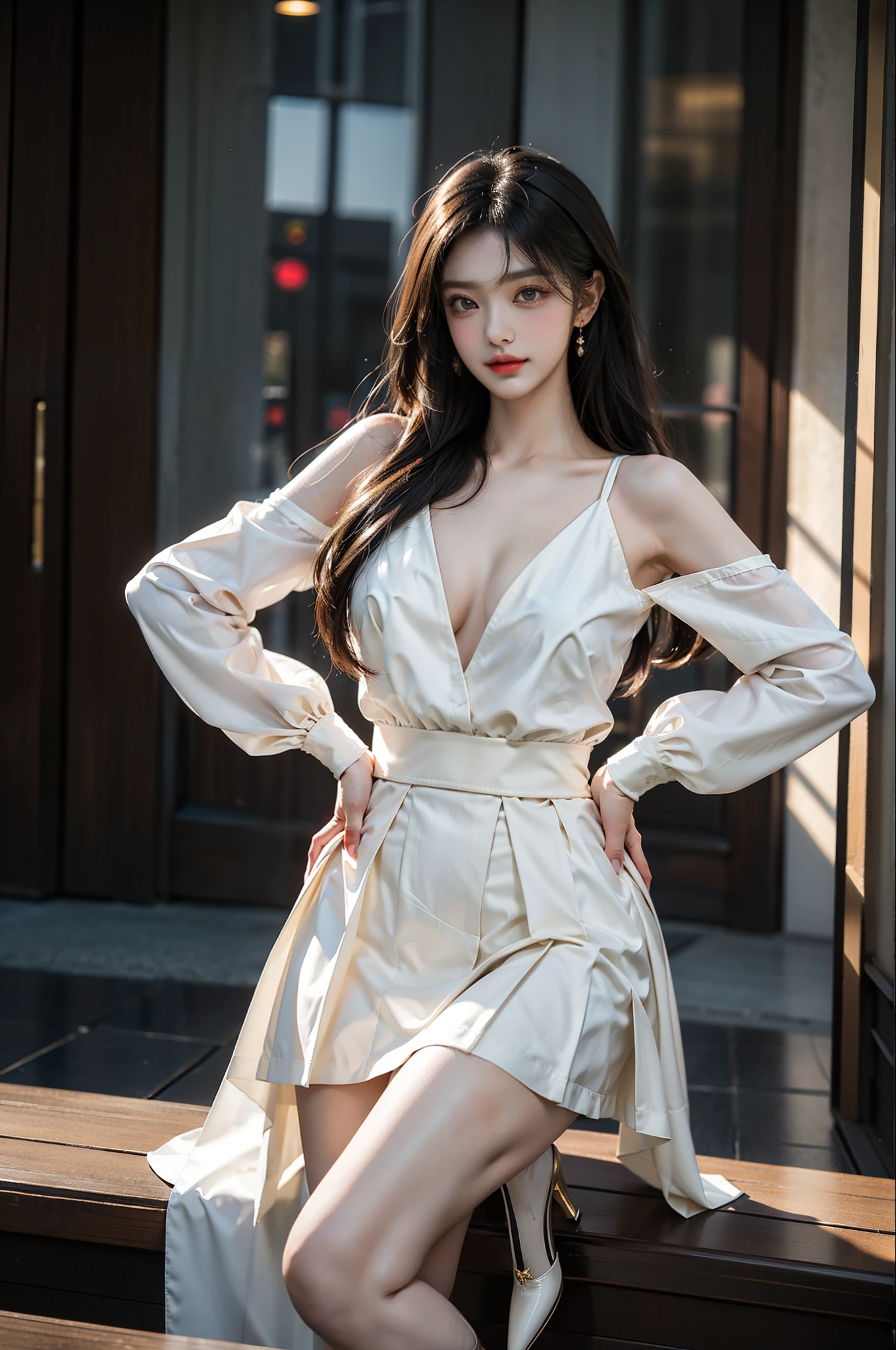 dating attire a beautiful woman, in an elegant pose, her full breasts on display.,Visible cleavage,Sexy long legs,The skirt is short, Variety of slim and cute beauties, Her long hair cascades down her shoulders like a waterfall。She smiles radiantly,Eyes sparkle,Her skin is flawless。Her curves are highlighted。Sparkle in the light,The colors are soft,One hand on hip,Her posture is both graceful and strong。She wears elegant high heels,Goes well with her outfit。In the warm golden sun。The overall atmosphere of the image is tranquil and uplifting,Emphasizing natural beauty and elegance, Studio Lighting,Bright colors, Sweet maiden, sweet smile, make up,shy,Blush,Parted lips,Heavy breathing,moan,Surrealism,Realism,Movie Lighting,Relief,Sony FE GM,Retina,masterpiece,precise,Anatomically correct,Textured Skin,Super Detail,High Detail,best quality,rich and colorful