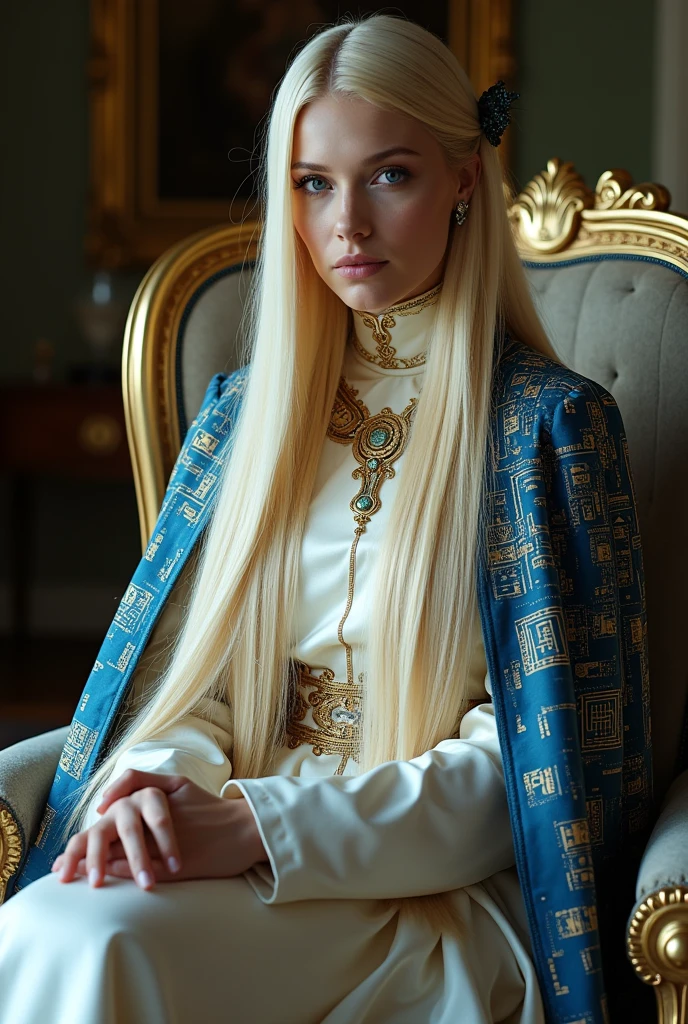 official portrait, a queen arms folded sitting on a armchair. The tension is intense, the queen is a woman 30 years old, very long straight hair, very blond hair, slim, blue eyes, wearing a cream and blue color futurist long royal dress with a printed circuit board cape, intense gazing eyes, ultra-resolution, intricately detailed, low angle, 8k by Helmut Newton