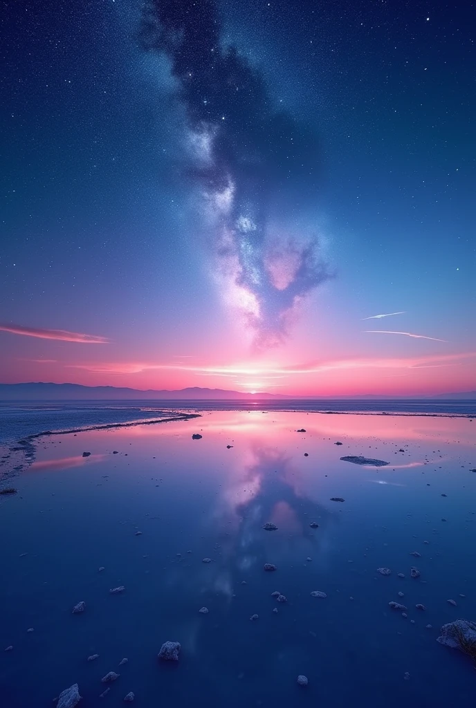 Highest quality、masterpiece、Film Grain、Ultra-high resolution、Galaxy reflected in the Uyuni Salt Flats、(((pink Starry Sky:1.5)))、blue crescent moon :0.1、