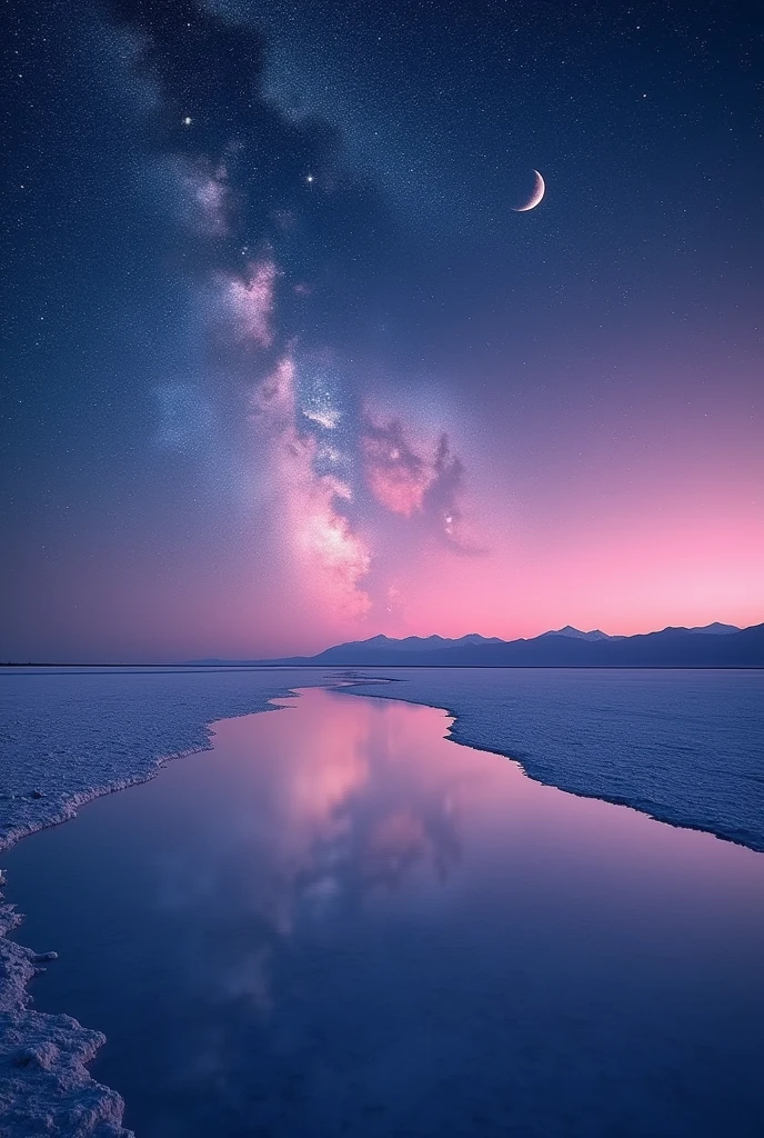 Highest quality、masterpiece、Film Grain、Ultra-high resolution、Galaxy reflected in the Uyuni Salt Flats、(((pink Starry Sky:1.5)))、blue crescent moon :0.1、