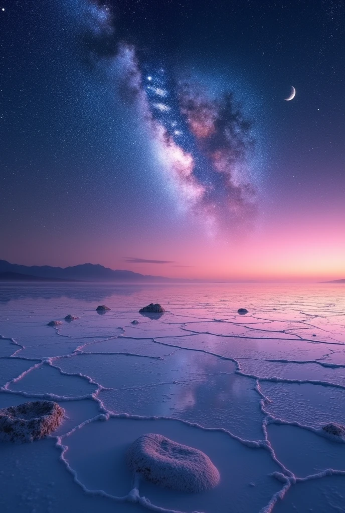Highest quality、masterpiece、Film Grain、Ultra-high resolution、Galaxy reflected in the Uyuni Salt Flats、(((pink Starry Sky:1.5)))、blue crescent moon :0.1、