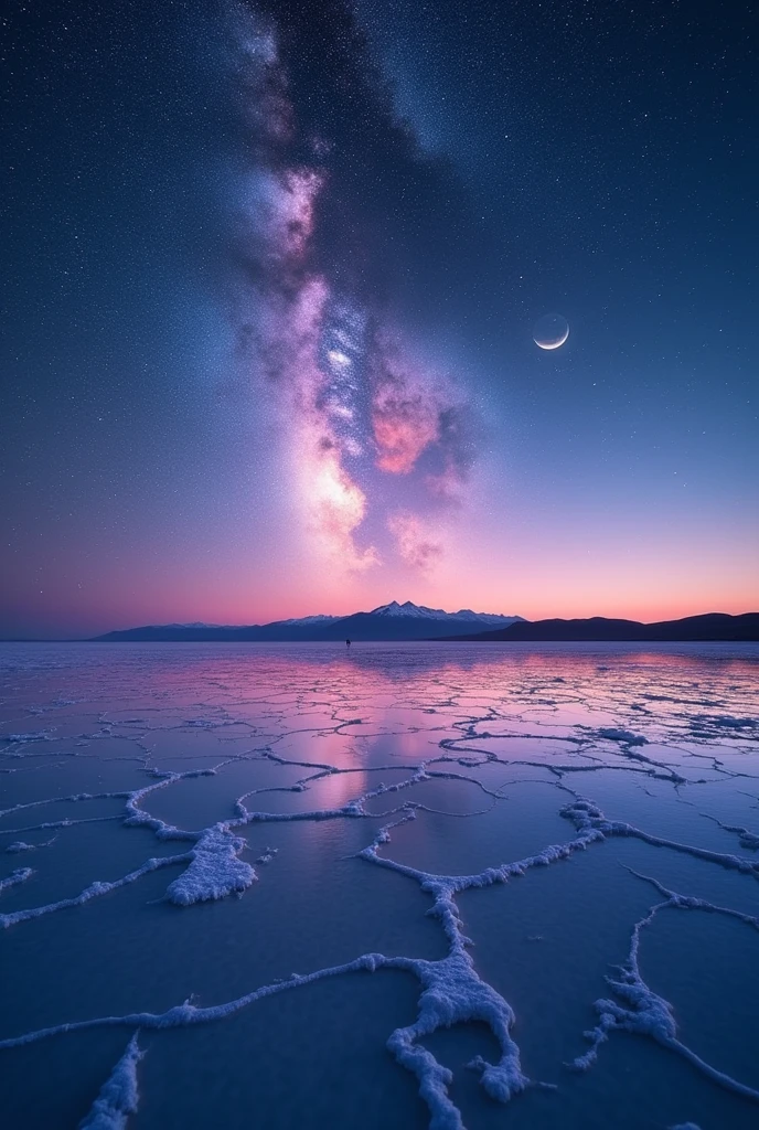 Highest quality、masterpiece、Film Grain、Ultra-high resolution、Galaxy reflected in the Uyuni Salt Flats、(((pink Starry Sky:1.5)))、blue crescent moon :0.1、