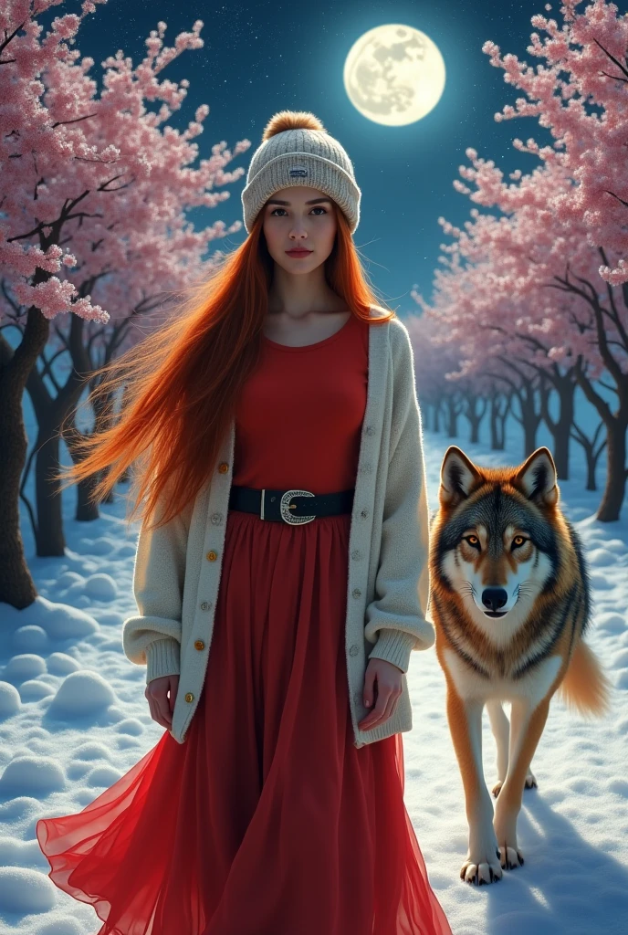 Portrait of a  Persian girl with long, straight red hair wearing a knitted cap,and wearing a red t-shirt,and white cardigan,and a long red skirt,wearing a scarf around the neck,and is leading a wolf,beside it in the snow and surrounded by beautiful cherry blossom trees,,and they face the camera,in the dark night atmosphere,lit by the moon and stars,