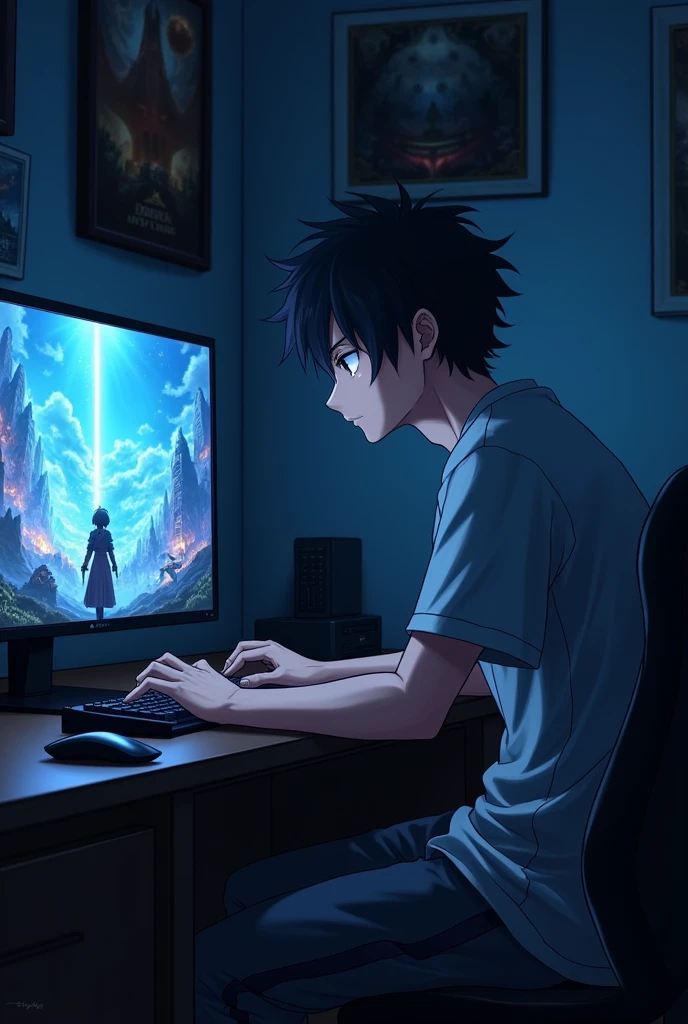 A nineteen year old anime boy with very very very thick black hair that slightly covers his face. He plays on the computer in his dark room with the curtains closed. he's tall and a little muscular