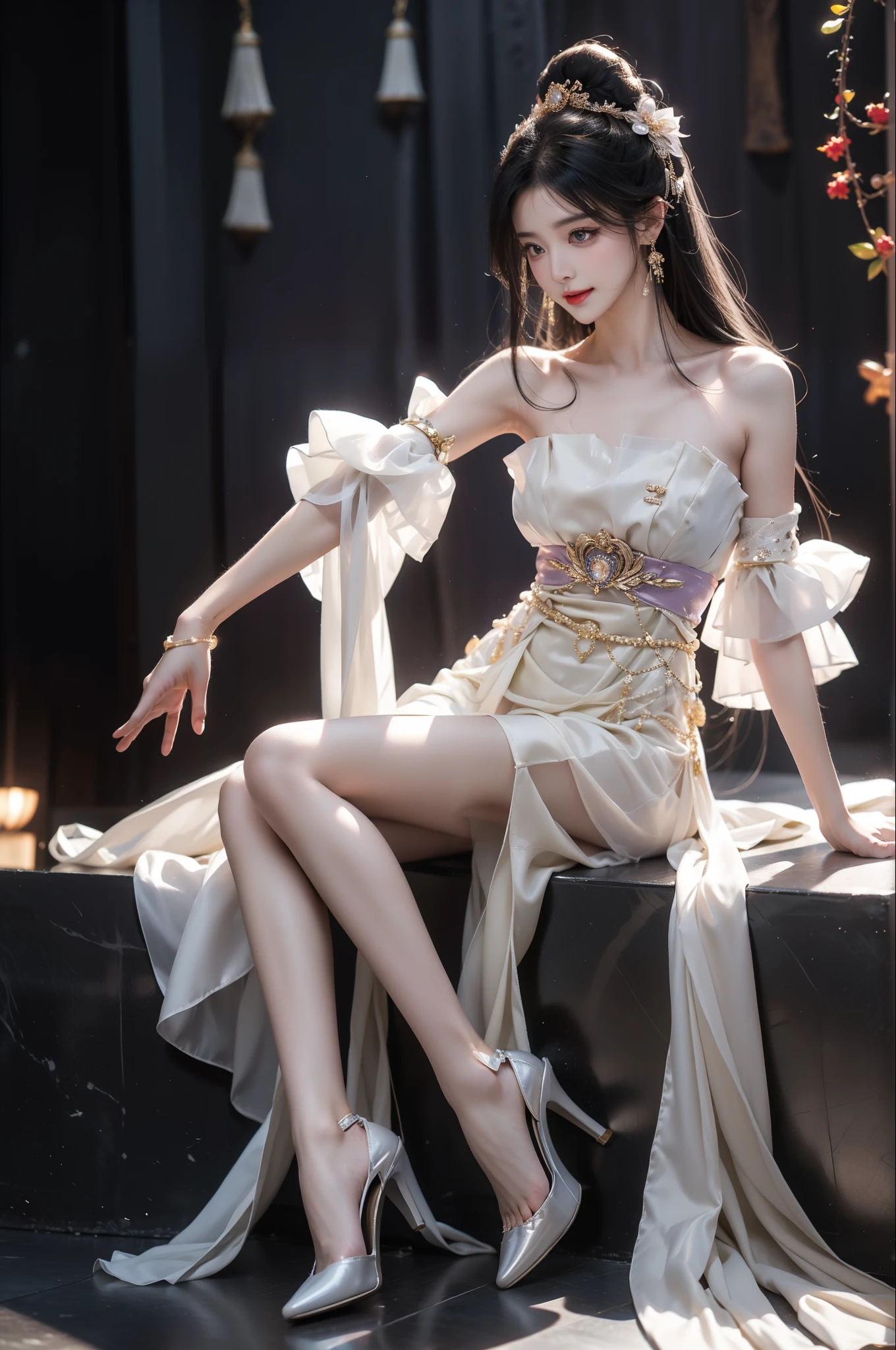 guqinghan, jrys,
high heels,bare shoulders, see-through, jewelry,strapless, collarbone, bracelet, off shoulder,earrings, bow,cleavage, tube dress, strapless dress a beautiful woman, in an elegant pose, her full breasts on display.,Visible cleavage,Sexy long legs,The skirt is short, Variety of slim and cute beauties, Her long hair cascades down her shoulders like a waterfall。She smiles radiantly,Eyes sparkle,Her skin is flawless。Her curves are highlighted。Sparkle in the light,The colors are soft,One hand on hip,Her posture is both graceful and strong。She wears elegant high heels,Goes well with her outfit。In the warm golden sun。The overall atmosphere of the image is tranquil and uplifting,Emphasizing natural beauty and elegance, Studio Lighting,Bright colors, Sweet maiden, sweet smile, make up,shy,Blush,Parted lips,Heavy breathing,moan,Surrealism,Realism,Movie Lighting,Relief,Sony FE GM,Retina,masterpiece,precise,Anatomically correct,Textured Skin,Super Detail,High Detail,best quality,rich and colorful