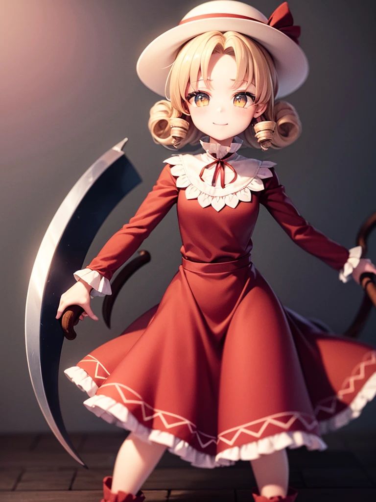 a drawing of an anime character in a red dress and boots with a large scythe, ((high end)), (UHD picture), (best quality,4k,8k,highres,masterpiece:1.2), top-quality(​masterpiece), top-quality, ultra-detailed, highly detailed texture, intricate details, high quality textures, masterpiece, best quality, perfect quality, perfect anatomy, perfect body, perfect symmetrical face, perfect hands, perfect feet, (two arms:1.2), (two legs:1.2), (five fingers each:1.2), (perfect joint:1.2), perfect joint movement, precise fingers and hands, 1 beautiful girl, 1 girl, alone, solo, , 10 years old, (((****))), ((childish)), hat, white hat, blonde hair, long hair, parted bangs, drill hair, well-formed face, yellow eyes, maxi dress, red dress, dress, long sleeves, frills, long skirt, simple background, scythe, holding scythe, holding, white socks, smile, cute face, beautiful, holding scythe