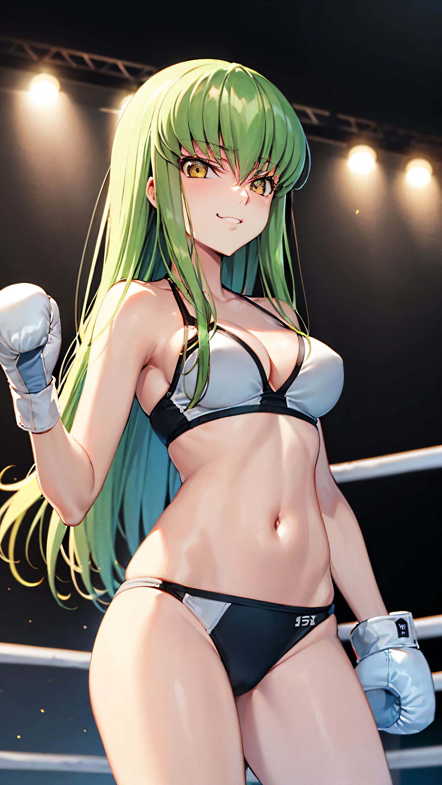 CC_Code Geass, Hair between the eyes, Very long hair 1 person, Separate Sportswear, bikini, Bright light, boxingリング, Smirking, alone, Cowboy Shot, ((masterpiece)),from below,(boxing,Match), Martial Arts,