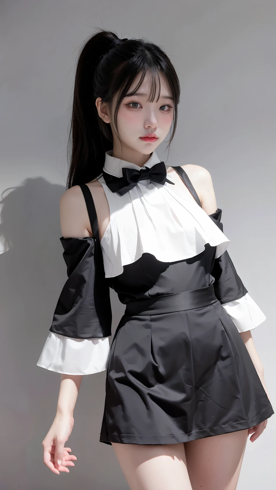 1girl, black random formal attire, white background, ray tracing, Catwalk, fashion exhibition,