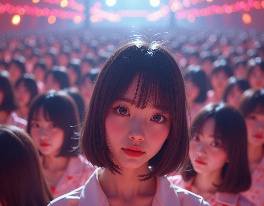 [Japanese Clone girls=Myself], [Perfect Clone girls Raw Photography Art], [16K, Highest quality, Ultra-high resolution], (((Unrealistic, Unprecedented sight, hyperdimensional space, A sight beyond imagination, (((A world of mass proliferation of myselves, Ultra-realistic)))))), (Japanese, woman, 22-year-old, Saito-Asuka), ((Small face, Brown and black hair, Short Hair)), ((Very beautiful detailed girls, Accurate body structure, Very detailed and perfect super busty body)), ((amazing super big tits, Large, swelling breasts)), (Dark Eyes, Mature face, Cute Smile, A gentle gaze), (Happy laughter), [[(((((Very detailed, 1girl→1,000,000,000,000,000,000,000,000,000,000,000,000,000cloning girls))))), (((((Extremely detailed and precise depiction of the double, Perfectly the same girl, The exact same smile, Perfect matching hairstyle, Perfect same clothes, Exactly the same height, Perfect same super busty))))), (((((Myself only))))), (((Very detailed, on stage, Idol Group, Nogizaka46's stage costumes, 1,000,000,000,000Myself))), (((Very detailed, Audience seats, camisole, 1,000,000,000,000,000,000,000Myself)))]], (((Perfect description, Smiling face, hug, wave hands, Matching poses, Matching dance, Sexy pose))), (((Very detailed, Super crowded in a different dimension, Abnormal crowding, Super crowded))), (Large Concert Hall, Front bright light, Illuminated by spotlights, Live Stage Lighting), (((Wide field of view, Very detailed, Detailed ultra-perspective depiction)))), Group idol group photo, Anywhere Angle
